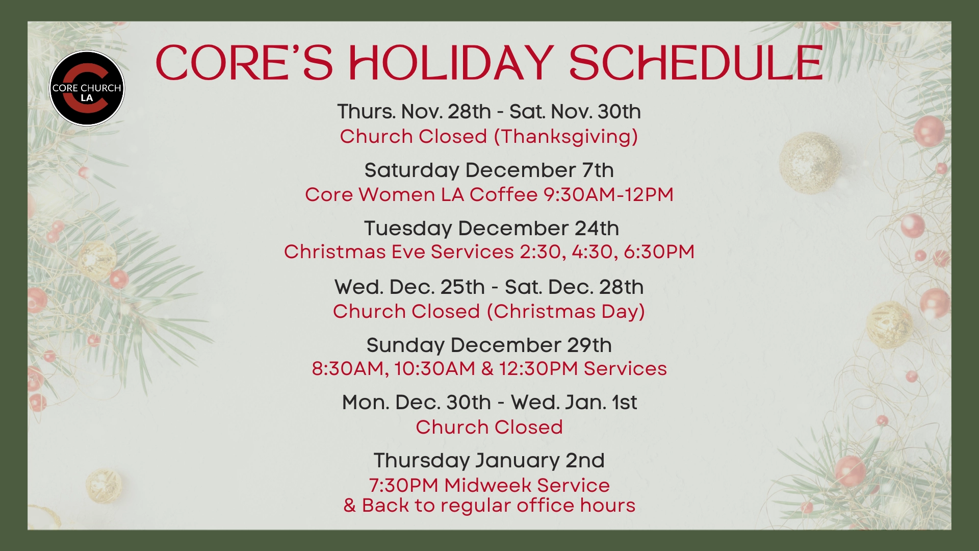 2024 Holiday Schedule Core Church LA