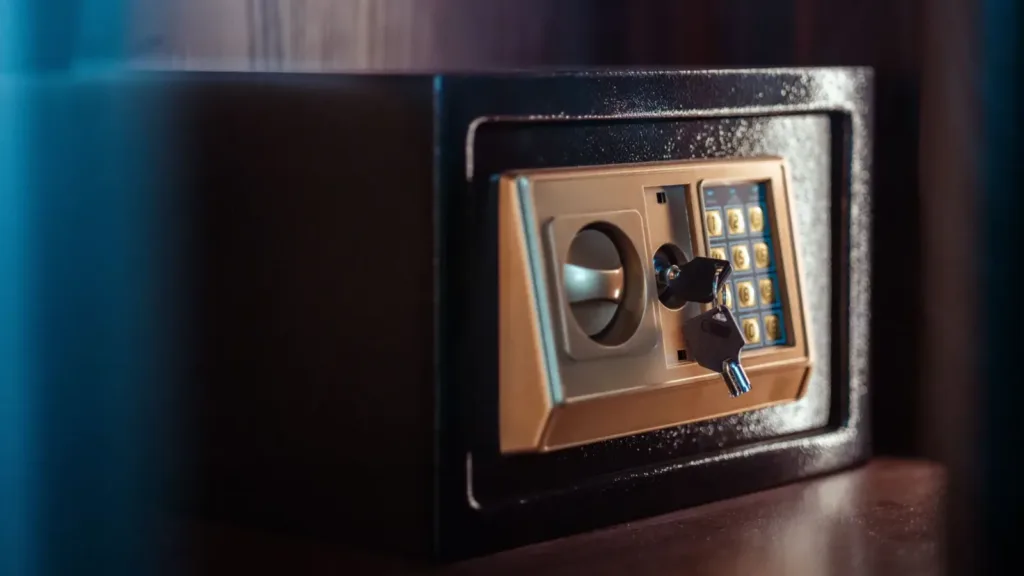 Close-up-image-of-an -electronic-safe-with-a-key