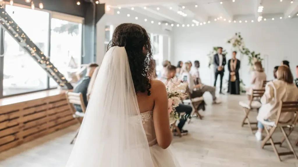 Bride-approaches-altar-during-an-indoor-ceremony-with-guests-and-floral-decor